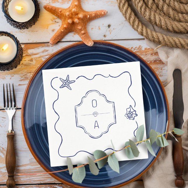 Coastal Hand Drawn Seashell Crest Beach Wedding Napkins (Creator Uploaded)