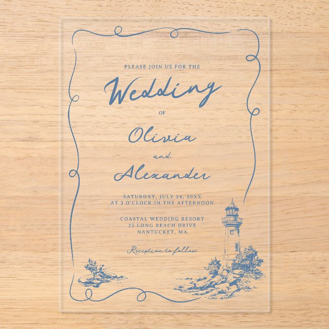 Coastal Hand Drawn Whimsical Lighthouse Wedding  Acrylic Invitations (Front)