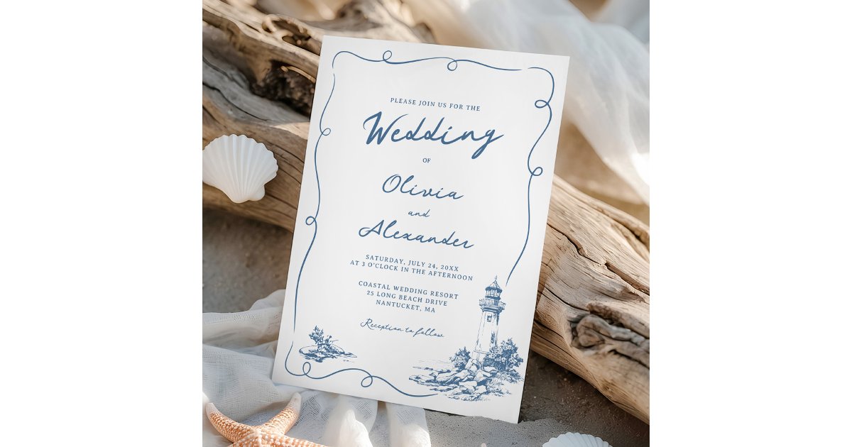 Coastal Hand Drawn Whimsical Lighthouse Wedding Invitation | Zazzle