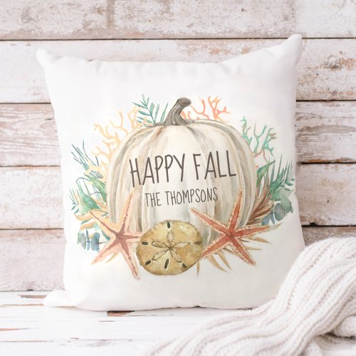 Coastal Happy Fall Pumpkin Sea Shells Throw Pillow