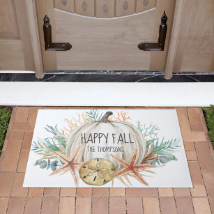Coastal Happy Fall Pumpkin Seashells Doormat