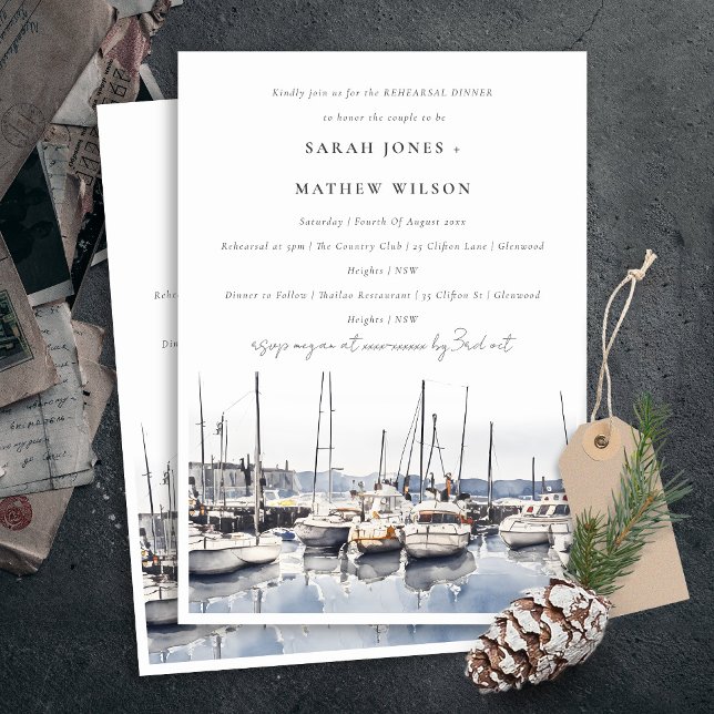 Coastal Harbor Boats Seascape Rehearsal Dinner Invitation (Creator Uploaded)