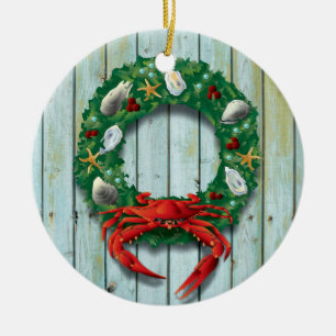 Coastal Holiday Crab Wreath Ceramic Ornament