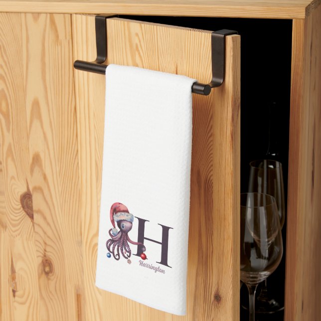 Coastal Holiday Santa Octopus Monogram  Kitchen Towel (Thirds Fold)