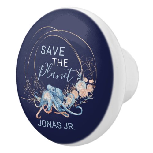 Coastal Home blue watercolor Octopus custom name  Ceramic Knob