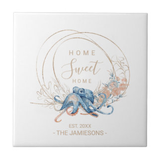 Coastal Home blue watercolor Octopus custom name Ceramic Tile