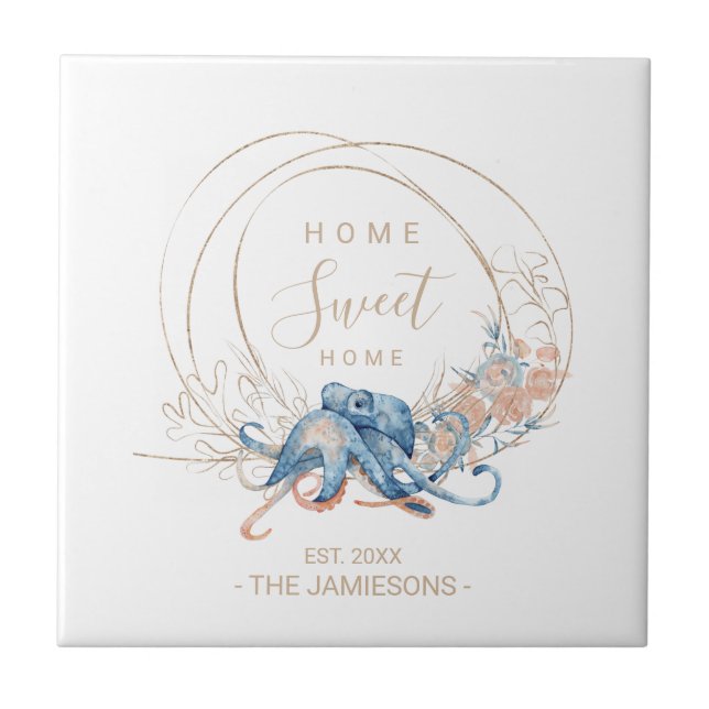 Coastal Home blue watercolor Octopus custom name Ceramic Tile (Front)