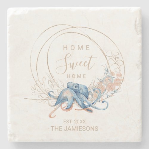 Coastal Home blue watercolor Octopus custom name Stone Coaster