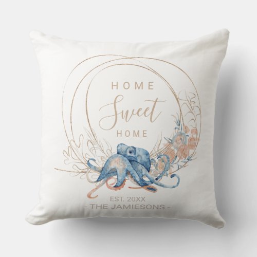Coastal Home blue watercolor Octopus custom Throw Pillow