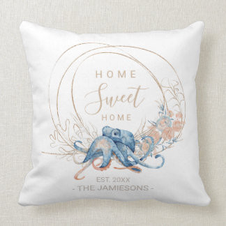 Coastal Home blue watercolor Octopus custom Throw Pillow