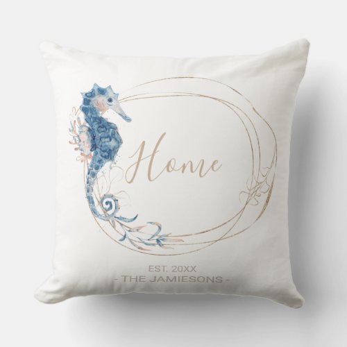 Coastal Home blue watercolor Seahorse custom Throw Pillow