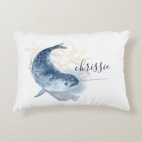 Coastal Home white watercolor Narwal custom name Accent Pillow