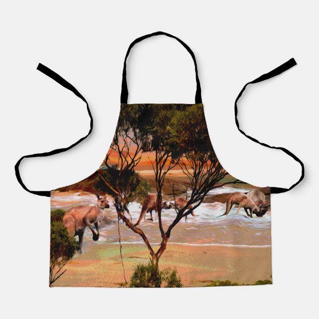 "Coastal Hops: Kangaroos on the Shore in Oil" Apron (Front)