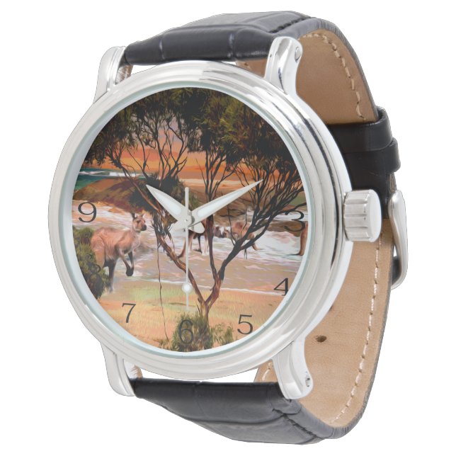"Coastal Hops: Kangaroos on the Shore in Oil" Watch (Angled)