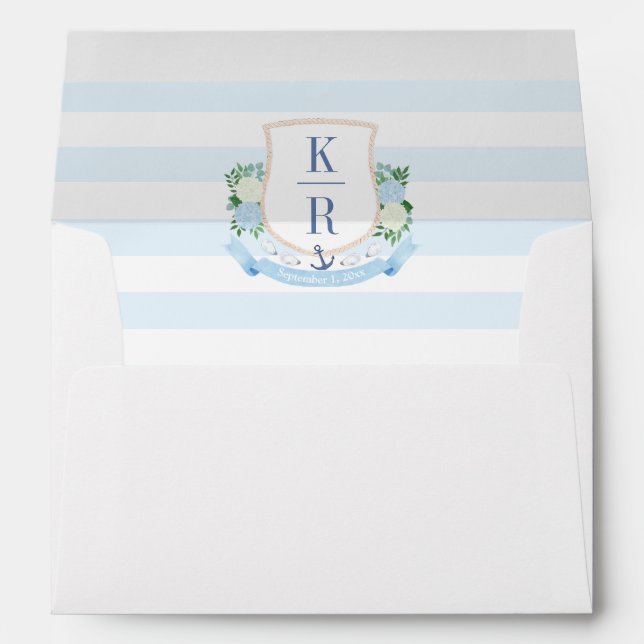 Coastal Hydrangea Crest Wedding Return Address Envelope (Back (Bottom))