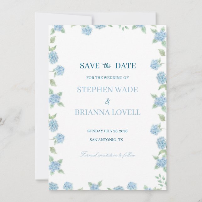 Coastal Hydrangea Save the Date  Invitation (Front)