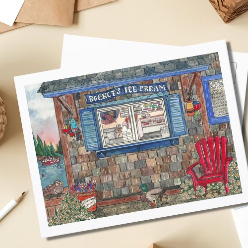 Coastal Ice Cream Shop Watercolor Postcard