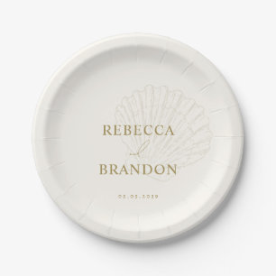Coastal Ivory & Gold Hand Drawn Seashell Wedding Paper Plates