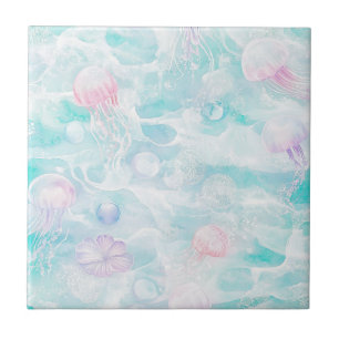 Coastal Jellyfish Watercolor Pattern Ceramic Tile