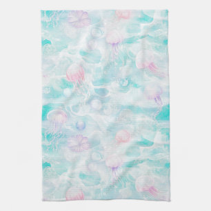 Coastal Jellyfish Watercolor Pattern Kitchen Towel