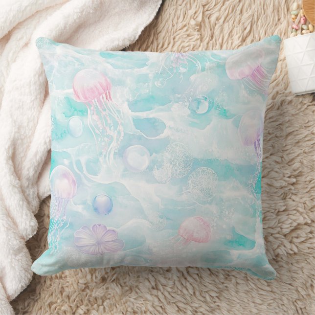 Coastal Jellyfish Watercolor Pattern Throw Pillow (Blanket)
