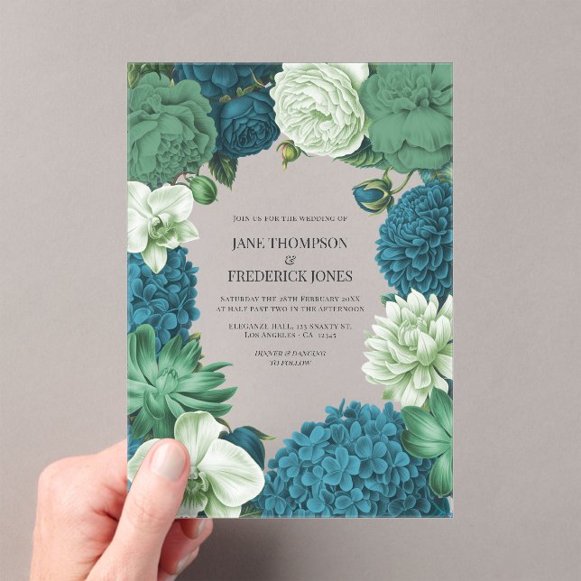 Coastal Juniper, Tidal Foam & Deep Reef Blue Acrylic Invitations (Insitu (Handheld))