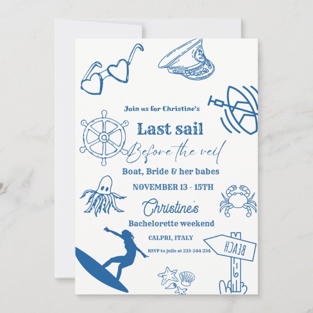 Coastal Last Sail Before The Veil Bachelorette Invitation (Front)
