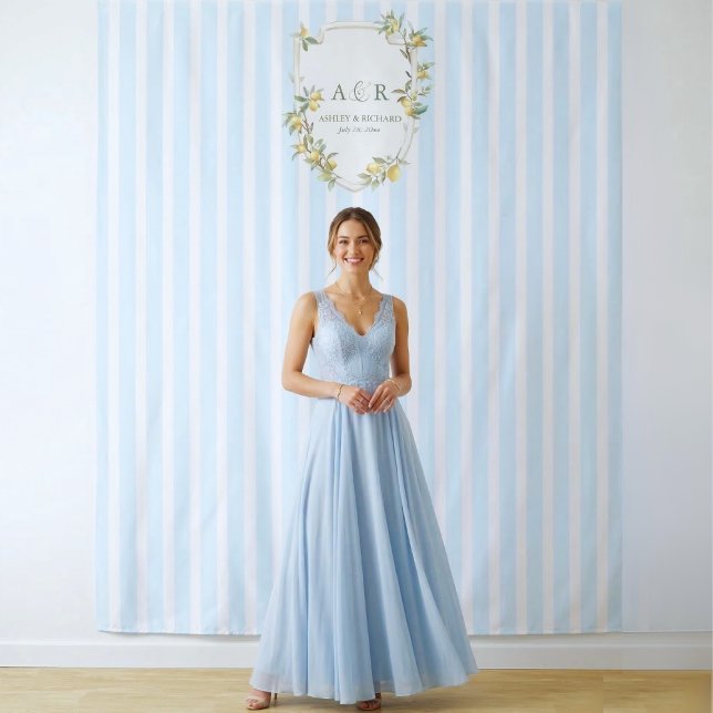Coastal Lemon Wedding Backdrop Photo Booth (elegant mediterranean lemon monogram crest coastal pale blue stripe wedding backdrop photo booth)