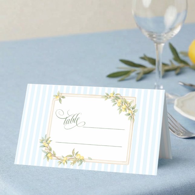 Coastal Lemon Wedding Place Card (elegant coastal stripe mediterranean lemon wedding table place card with script calligraphy)