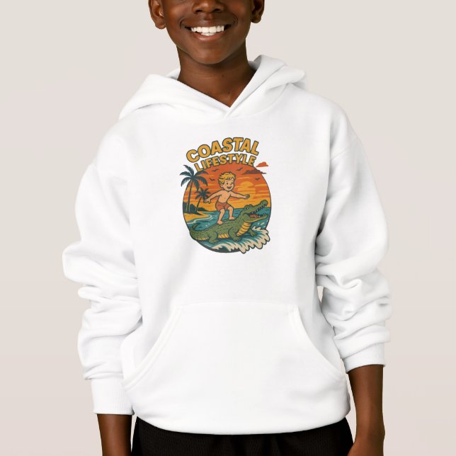 Coastal Life Alligator Surfing Retro FL Surf Beach Hoodie (Front)