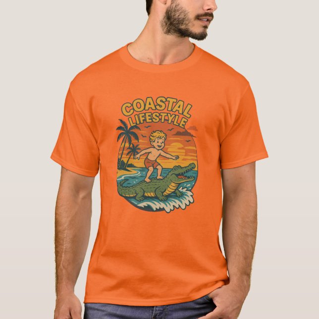 Coastal Life Alligator Surfing Retro FL Surf Beach T-Shirt (Front)