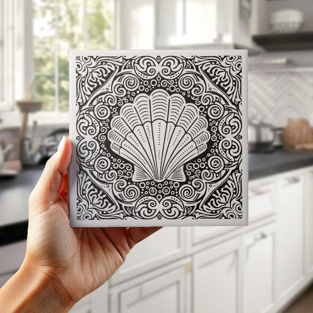 Coastal Life Series Clam Shell B & W D1208 Ceramic Tile (Creator Uploaded)