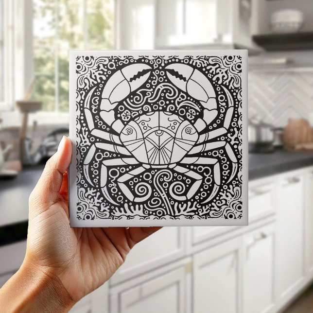 Coastal Life Series Crab B & W D1208 Ceramic Tile (Creator Uploaded)