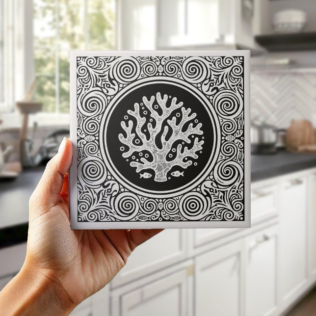 Coastal Life Series Lace Coral B & W D1208 Ceramic Tile (Creator Uploaded)