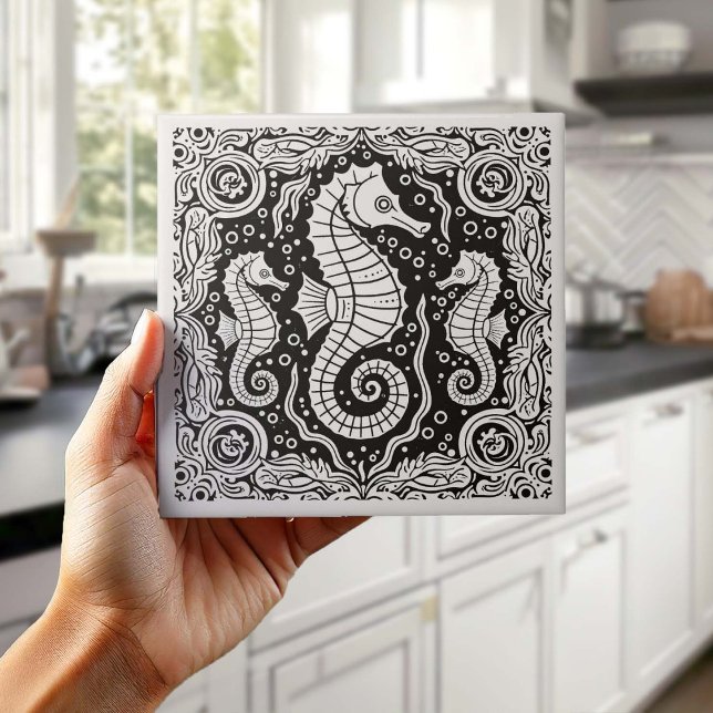 Coastal Life Series Seahorse B & W D1208 Ceramic Tile (Creator Uploaded)