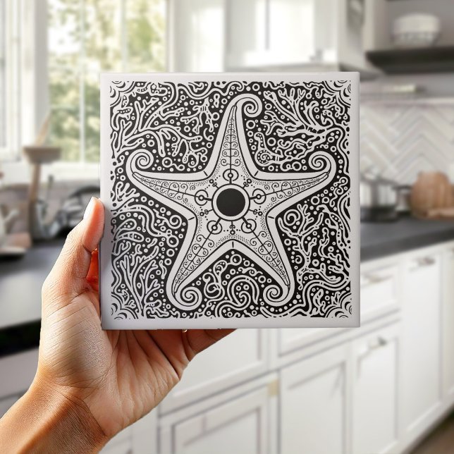Coastal Life Series Starfish B & W D1208 Ceramic Tile (Creator Uploaded)