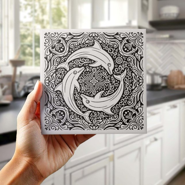 Coastal Life Series Three Dolphins B & W D1208 Ceramic Tile (Creator Uploaded)