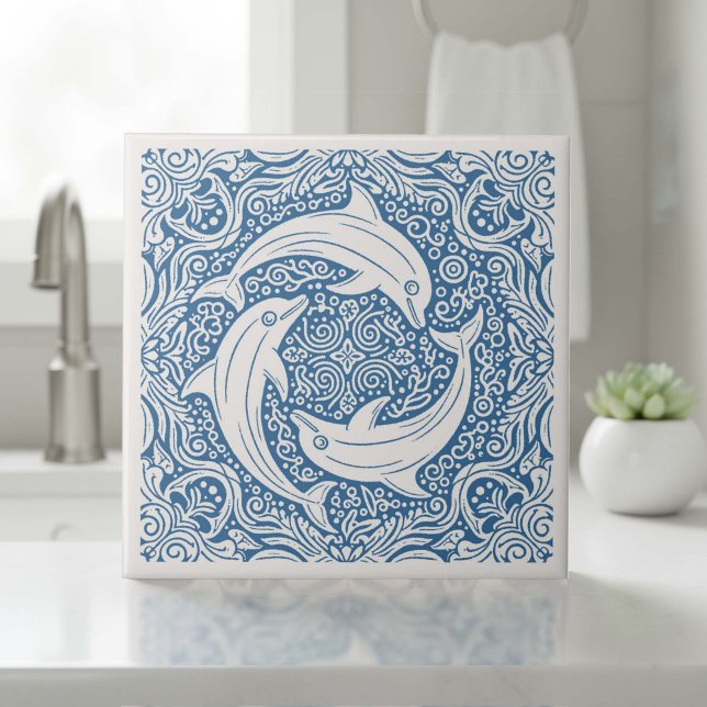 Coastal Life Series Three Dolphins Blue ID1208 Ceramic Tile (Creator Uploaded)