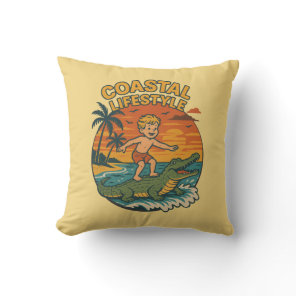 Coastal Lifestyle Alligator Surfing | Retro Beach Throw Pillow