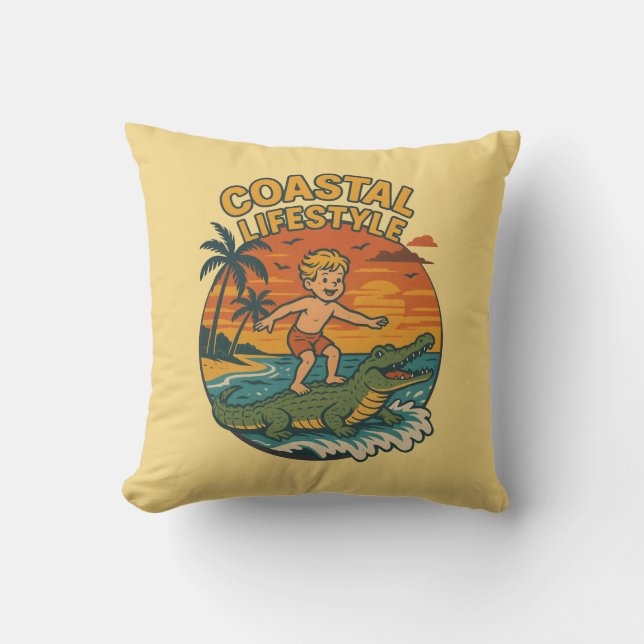 Coastal Lifestyle Alligator Surfing | Retro Beach Throw Pillow (Front)
