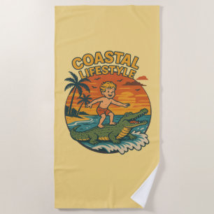 Coastal Lifestyle Alligator Surfing Retro Surf Art Beach Towel