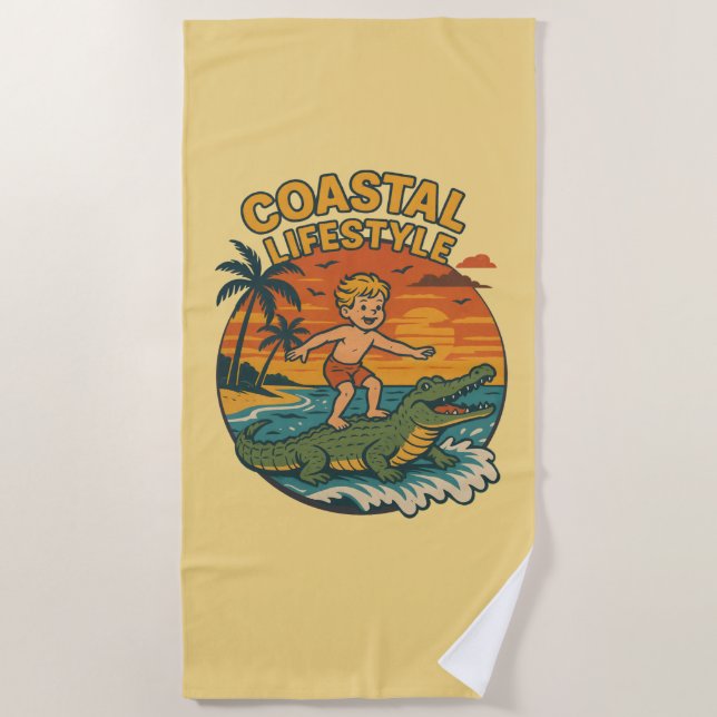 Coastal Lifestyle Alligator Surfing Retro Surf Art Beach Towel (Front)