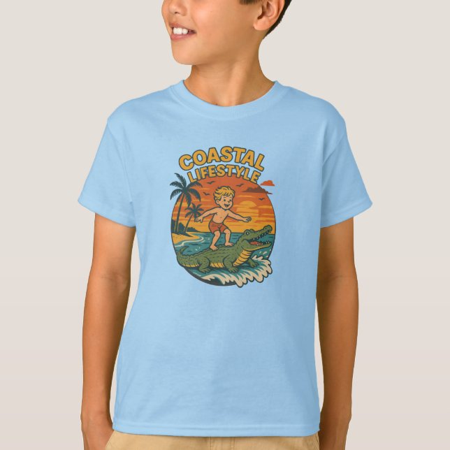 Coastal Lifestyle Gator Surfing -Retro Beach Kid's T-Shirt (Front)