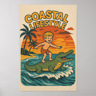 Coastal Lifestyle Gator Surfing - Retro Surf Beach Poster