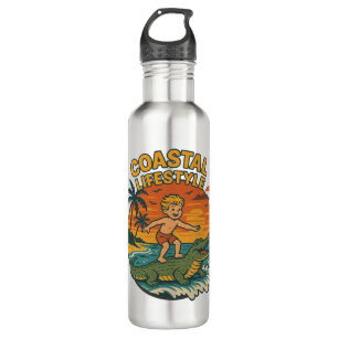Coastal Lifestyle Gator Surfing - Retro Surf Beach Stainless Steel Water Bottle