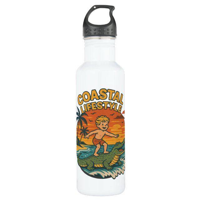 Coastal Lifestyle Gator Surfing - Retro Surf Beach Stainless Steel Water Bottle (Front)