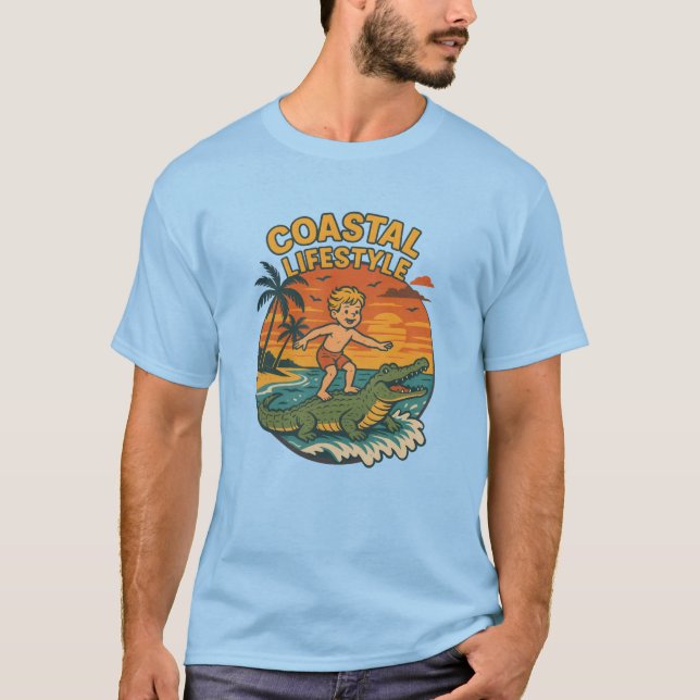 Coastal Lifestyle Gator Surfing - Retro Surf Beach T-Shirt (Front)
