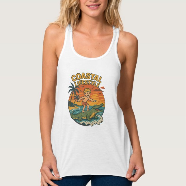Coastal Lifestyle Gator Surfing - Retro Surf Beach Tank Top (Front)