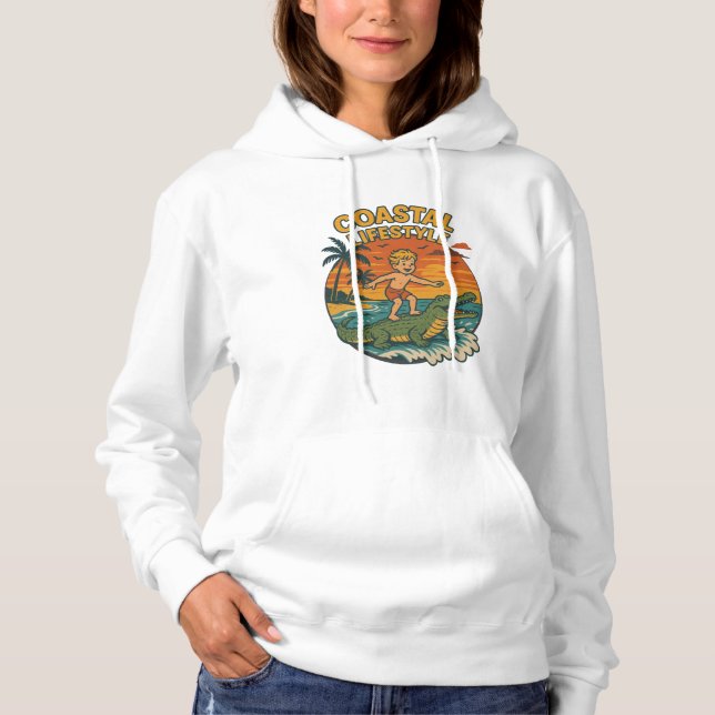 Coastal Lifestyle Gator Surfing Retro Surfer Beach Hoodie (Front)