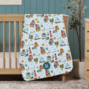 Coastal Light Blue Monogram Baby Shower Pattern Blanket